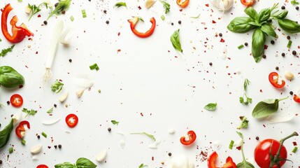 Composition of Moving Vegetables on White Background with Empty Space in the Center