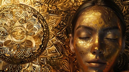 Gold statue of a woman with a mandala background. Glamour and beauty woman portrait gold. High quality AI generated image
