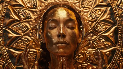 Obraz premium Gold statue of a woman with a mandala background. Glamour and beauty woman portrait gold. High quality AI generated image