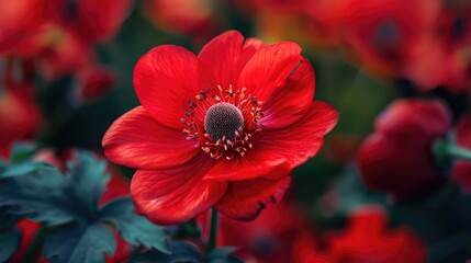 Vivid red blossom magnified on a garden bed