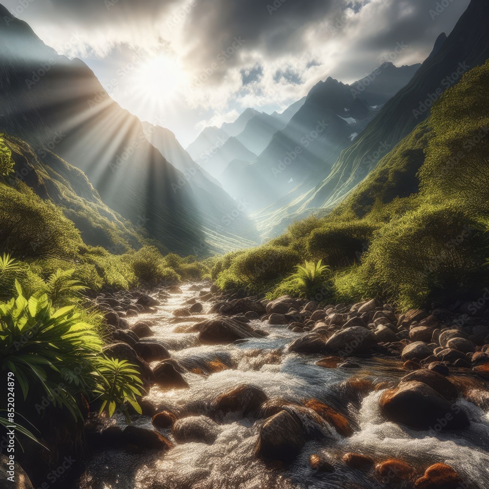 Poster a tranquil mountain stream meanders through a lush green valley, with sunlight streaming through the