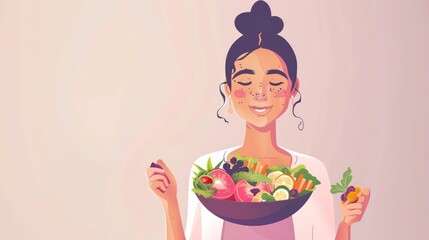 Woman with vegan or vegetarian food. Plant-based diet. Healthy meal. Buddha bowl with fresh vegetables. Healthy eating. Generative AI