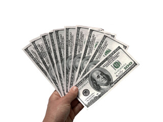 Hand holding American dollars, 100 US dollar banknotes isolated on white background