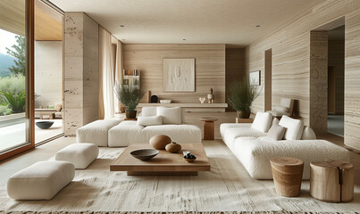 Beige Living Room Design Interior. Minimalist and Wabi Sabi. Big Modular Sofa. Home Decoration Trends