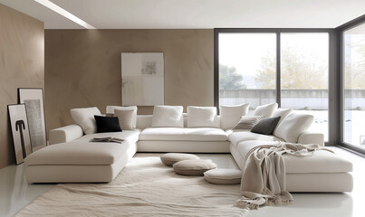 Fototapeta premium Beige Living Room Design Interior. Minimalist and Wabi Sabi. Big Modular Sofa. Home Decoration Trends