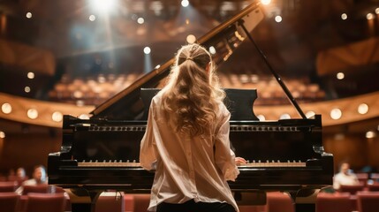 Woman playing the piano in front of an audience at a concert hall. Generative AI