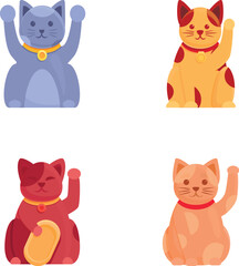 Japenese cat icons set cartoon vector. Various cat maneki neko with raised paw. Asian figurine for good luck