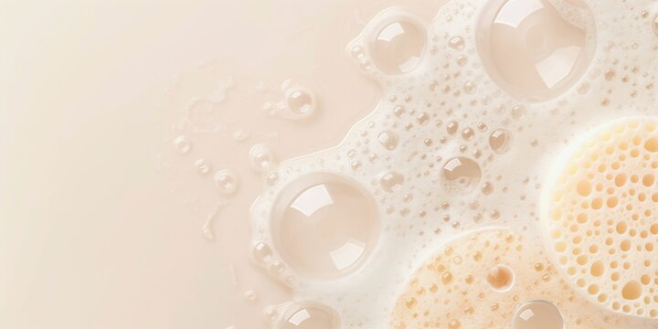 Beige sponges and sparkling soap bubbles on cream white background. Cleaning concept, banner for eco-friendly article or for cleaning service.