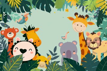 Naklejka premium A Whimsical Jungle Gathering of Smiling Animal Friends