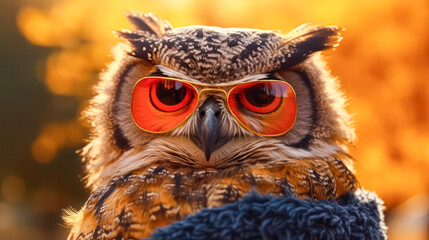 A close up of an owl wearing glasses.