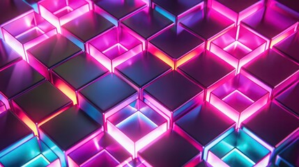 Vibrant Neon Cube Patterns. A visually striking arrangement of colorful neon cubes in a geometric pattern. Generative AI