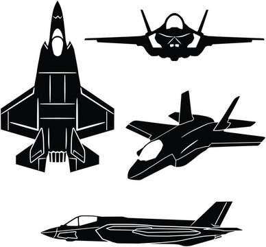 Military fighter jet vector set with outline