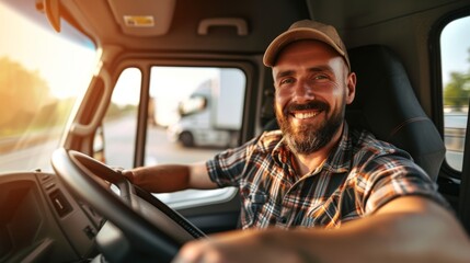 A happy truck driver sits in the vehicle, ready to hit the road