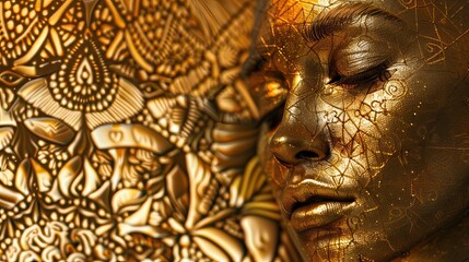 Obraz premium Gold statue of a woman with a mandala background. Glamour and beauty woman portrait gold. High quality AI generated image