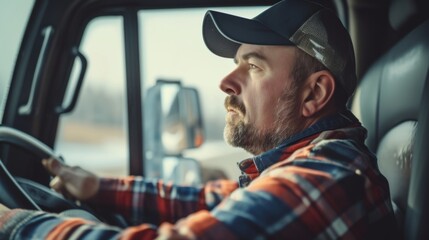 A man truck driver looks out of the vehicle window