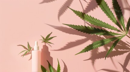 Fototapeta premium CBD oil bottle with cannabis leaves on pink background, creating shadows
