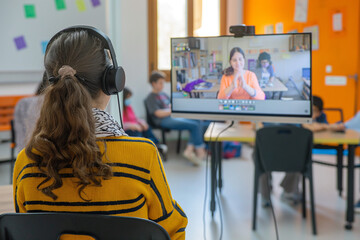 Children Attending Virtual Class with Teacher on Screen in Classroom