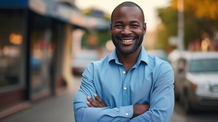 An African American professional driver with crossed arms smiles