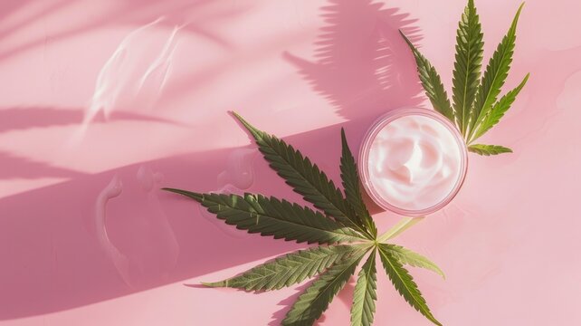 Cannabis leaf with cream on pink background, highlighting natural skincare