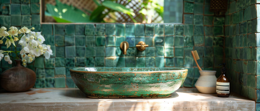 Interior Design Trends. Gold Faucet / Plumbing. Sink Close Up in Bathroom. Emerald Green Glossy Tile