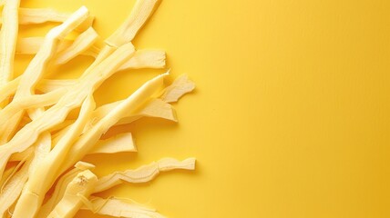 Strips of peeled cassava on yellow background