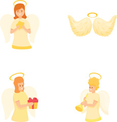 Angel girl icons set cartoon vector. Young girl with wing and halo. Cartoon character, religion theme