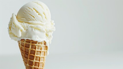 Delicious vanilla ice cream scoop in waffle cone against white background