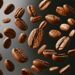 Fototapeta premium Floating and Rotating Coffee Beans in Mid-Air : Dynamic Motion Image with Various Angles and Depths