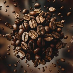 Fototapeta premium Floating and Rotating Coffee Beans in Mid-Air : Dynamic Motion Image with Various Angles and Depths
