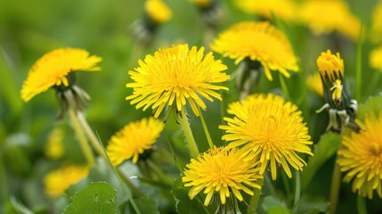 Fototapeta premium Fresh dandelions in a close up view