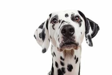 Close-up of a charming Dalmatian puppy with black spots on white. Adorable big brown eyes and curious expression create a heartwarming image
