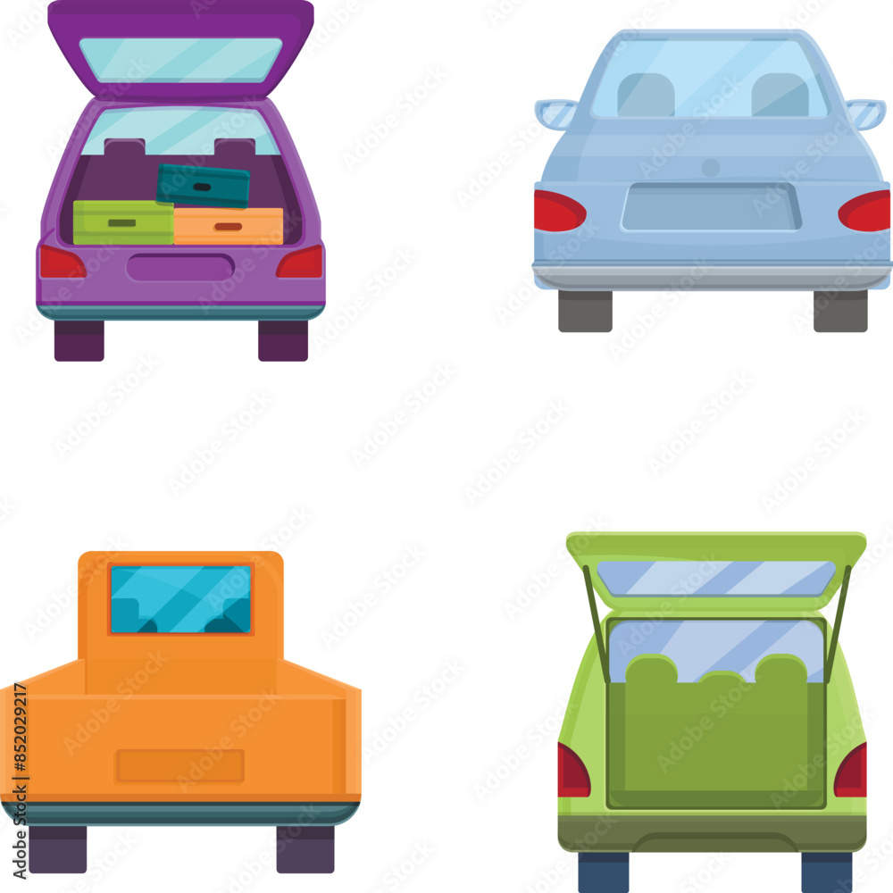 Aufkleber automobile trunk icons set cartoon vector. various minivan with open trunk. back view