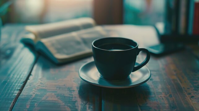 Black coffee cup on wooden surface with smartphone notebook and blurred bible in vintage color