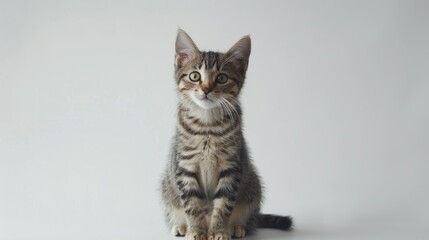 Mixed breed feline 1 year old sitting against white backdrop