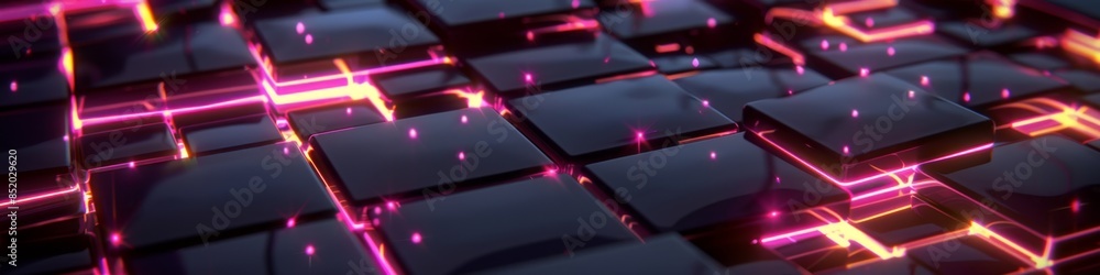 Poster dark tech background with neon-highlighted broken grid connections, creating a disordered and futuri