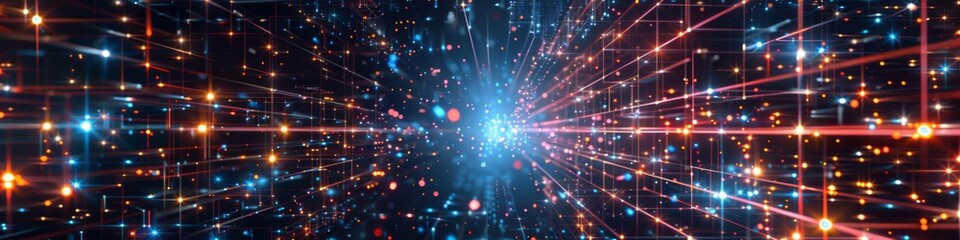 Naklejka premium Fragmented grid pattern with broken connections on a dark background, illuminated by scattered neon lights for a tech-inspired look