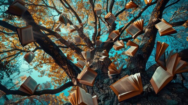 Tree of Wisdom: Photograph a majestic tree with branches reaching towards the sky, each adorned with open books instead of leaves. Generative AI