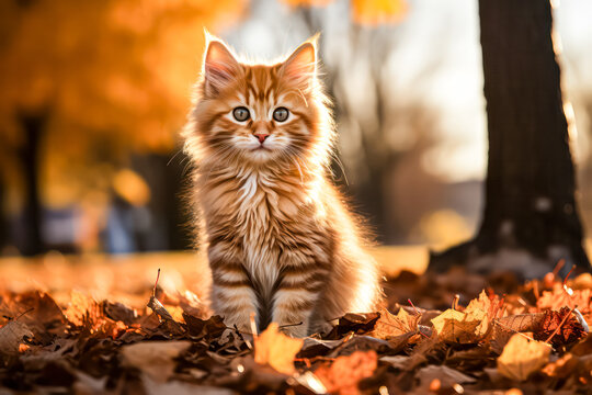 A cat is sitting on a pile of leaves, looking up at the camera.
