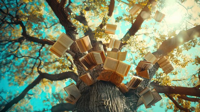 Tree of Wisdom: Photograph a majestic tree with branches reaching towards the sky, each adorned with open books instead of leaves. Generative AI