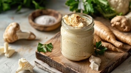 Jar of homemade creamy dip made with roots, mushrooms, and cauliflower, surrounded by ingredients on wooden board