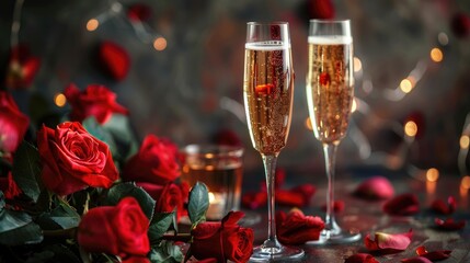 A romantic ambiance set with champagne and roses for Valentine s Day