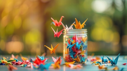 Colorful paper cranes in and around jar with blurred green background