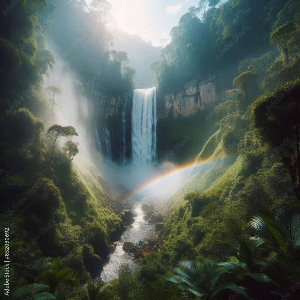 Poster enchanting waterfall enveloped in mist, surrounded by a dense jungle with a vibrant rainbow, creatin