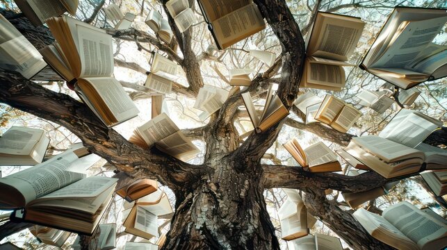 Tree of Wisdom: Photograph a majestic tree with branches reaching towards the sky, each adorned with open books instead of leaves. Generative AI - Powered by Adobe