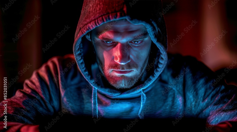 Poster man in hooded jacket using laptop computer