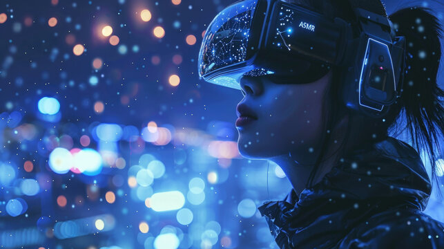 A girl wearing virtual augmented reality glasses against the backdrop of big city lights