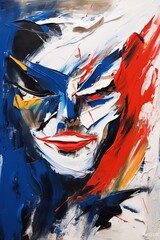 Stylized female face with vibrant blue red and white colors. Concept of modern art, expressionism. Oil painting. Metaphorical associative card. Psychological abstract picture. Vertical