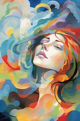 Abstract oil painting of a woman with vibrant swirling colors. Concept of female portrait, abstract art, colors in motion. Metaphorical associative card. Psychological abstract picture. Vertical