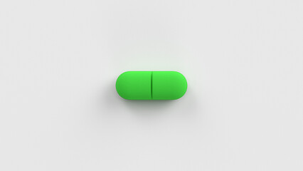 Green single pill isolated on a white background. Tablet, pill capsule top view, flat lay. 3d render illustration 