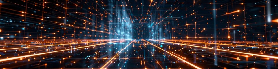 Fototapeta premium Dark, abstract tech background with fragmented grid connections and neon highlights, adding a chaotic and futuristic visual element